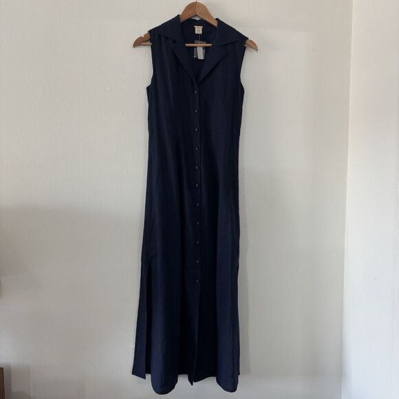 Magaschoni Dresses & Skirts - Magaschoni Small Blue Sleeveless Button-Front Linen Maxi Dress Minimalist Costal